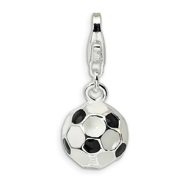 Solid 925 Sterling Silver Pendant Enameled Soccer Ball Charm 10mm x 9mm 